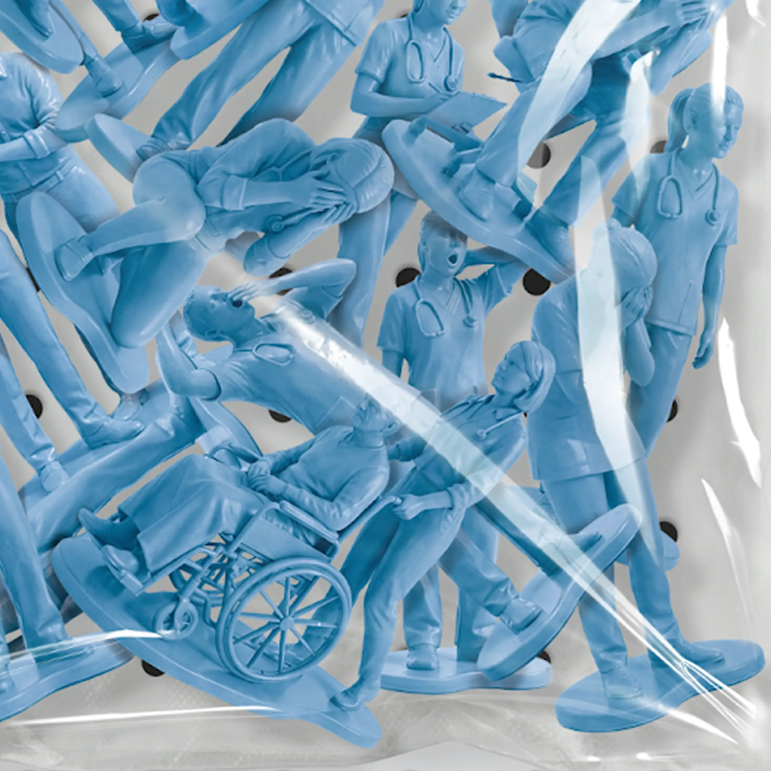 Close up of bag of blue model health workers